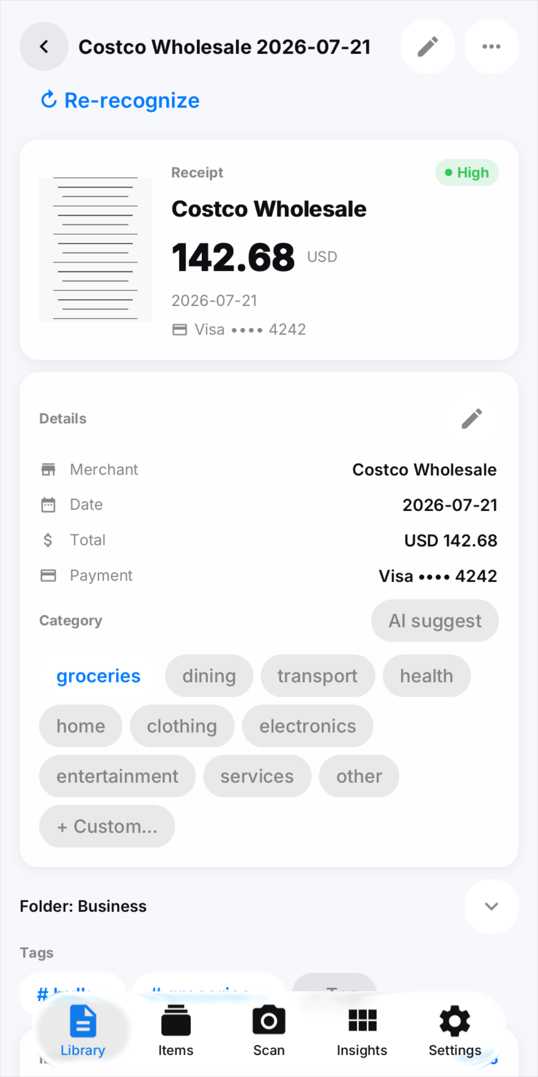 A recognized receipt with itemized lines